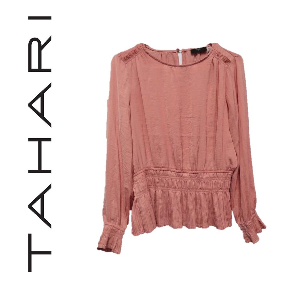 T Tahari dusty rose pleated, smocked waist blouse (M) - NWT